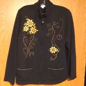 Flower embroidered zip up black sweat jackets